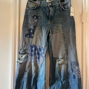 Free People Blue Patchwork Flare Jeans